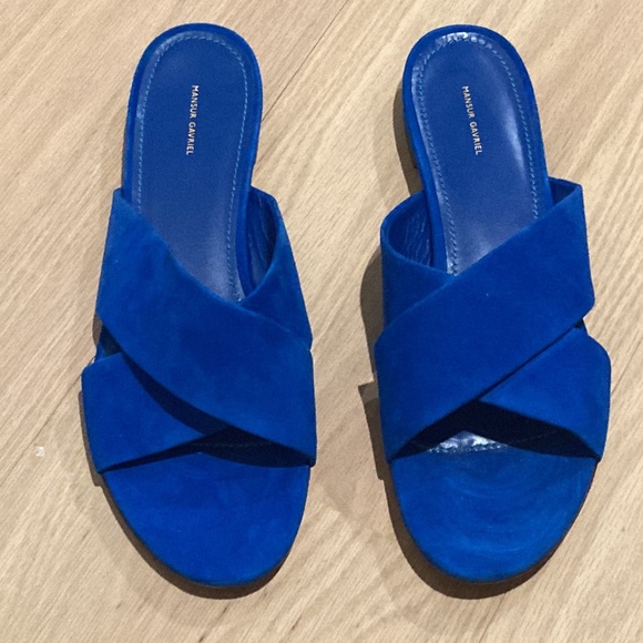 NWOT MANSUR GAVRIEL Electric Blue Suede Crossover Slide Sandals Flats 41/11 - Picture 2 of 6
